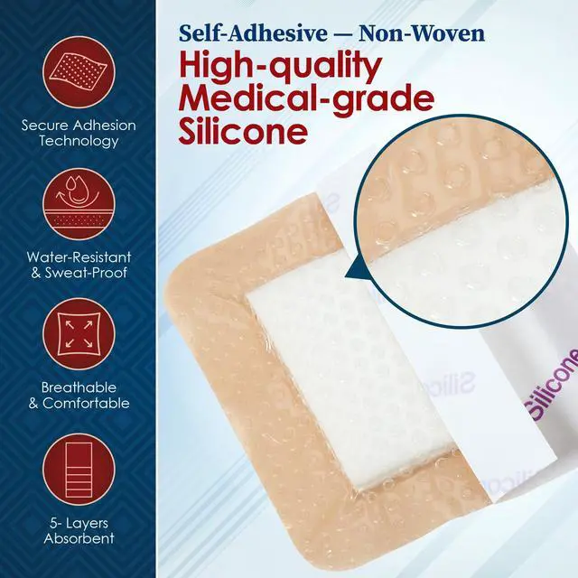 Alt view image 7 of 7 - MEDca Silicone Foam Dressing w/ Adhesive Border 3"x3" (Pack of 10) Waterproof Silicone Bandages for Wounds, Highly-Absorbent Wound Dressing Bandage Care for Bed Sore Bandages, Pressure Sores, Ulcers
