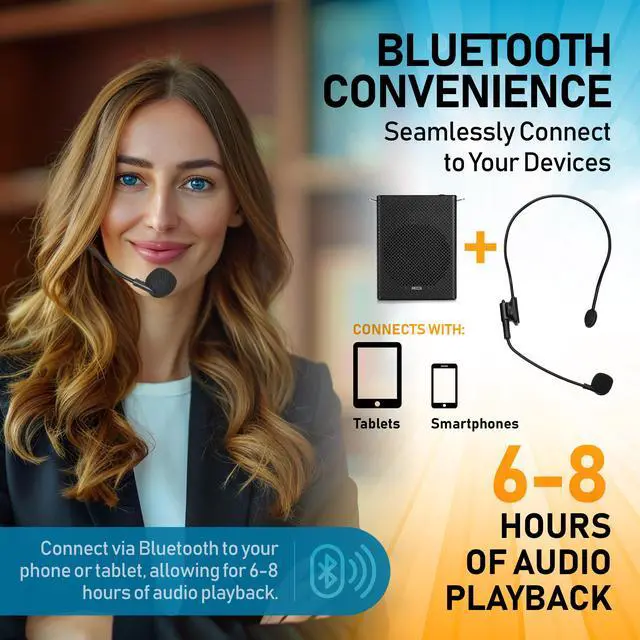 Alt view image 6 of 7 - Portable Mini Voice Amplifier, Built-in Rechargeable Wired Portable Microphone and Speaker with Waist-Band, Bluetooth Megaphone PA System Supports MP3, Aux for Teachers, Trainers, Presenters