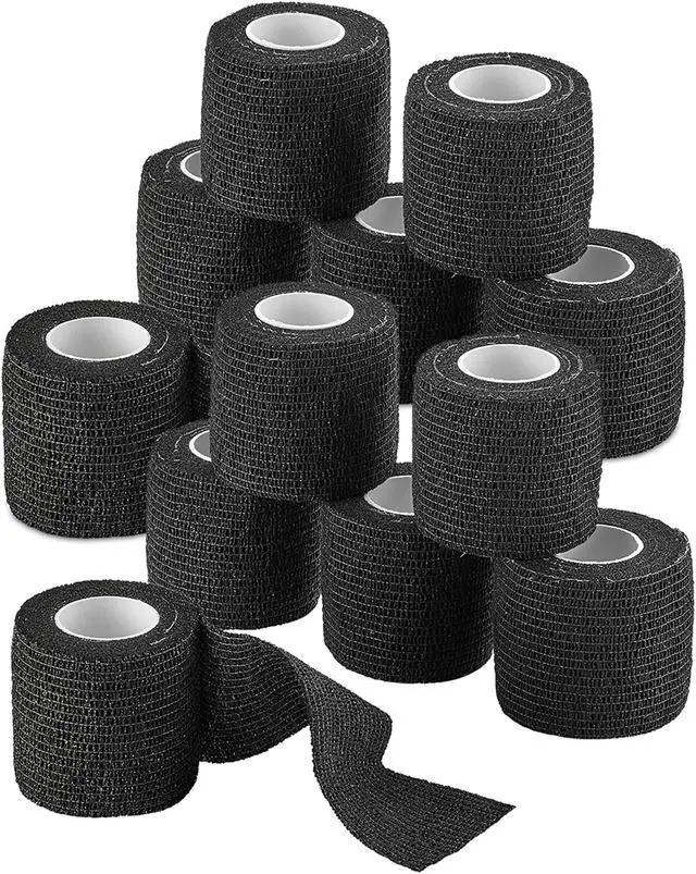 Main image of Self-Adherent Cohesive Bandage - 12 Pack Bulk | Black Self-Adhering Medical Wrap | 2" Wide x 5 Yards Athletic Sports Tape Sweat & Water Resistant, First Aid