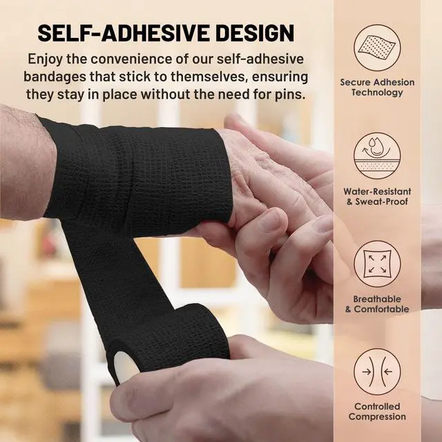 Alt view image 4 of 7 - Self-Adherent Cohesive Bandage - 12 Pack Bulk | Black Self-Adhering Medical Wrap | 2" Wide x 5 Yards Athletic Sports Tape Sweat & Water Resistant, First Aid