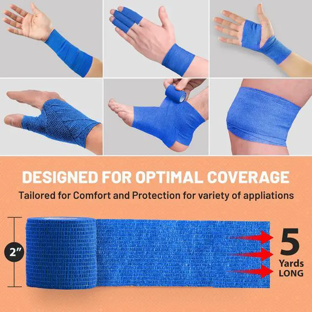 Alt view image 2 of 7 - Self-Adherent Cohesive Bandage - Blue Medical Wrap - 12 Rolls 2" Wide x 5 Yards Sports Tape for Medical Use, Sports, First Aid and Helps Protect Skin