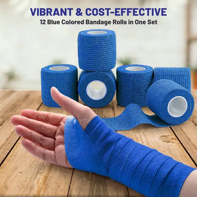 Alt view image 3 of 7 - Self-Adherent Cohesive Bandage - Blue Medical Wrap - 12 Rolls 2" Wide x 5 Yards Sports Tape for Medical Use, Sports, First Aid and Helps Protect Skin