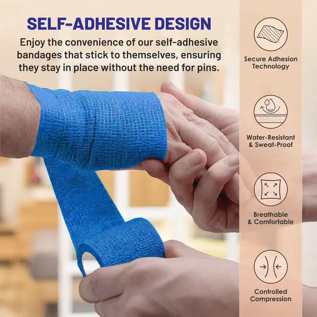 Alt view image 4 of 7 - Self-Adherent Cohesive Bandage - Blue Medical Wrap - 12 Rolls 2" Wide x 5 Yards Sports Tape for Medical Use, Sports, First Aid and Helps Protect Skin