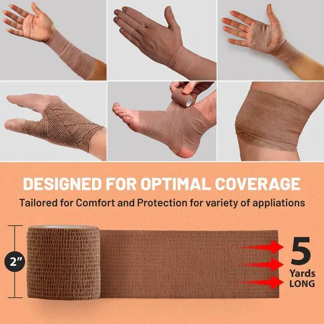 Alt view image 2 of 7 - Self Adherent Cohesive Tape - 2" x 5 Yards, 12 Pack (Medium Tan) Self Adhesive Bandage Rolls & Sports Athletic Wrap for Ankle, Wrist, Knee Sprains and Swelling
