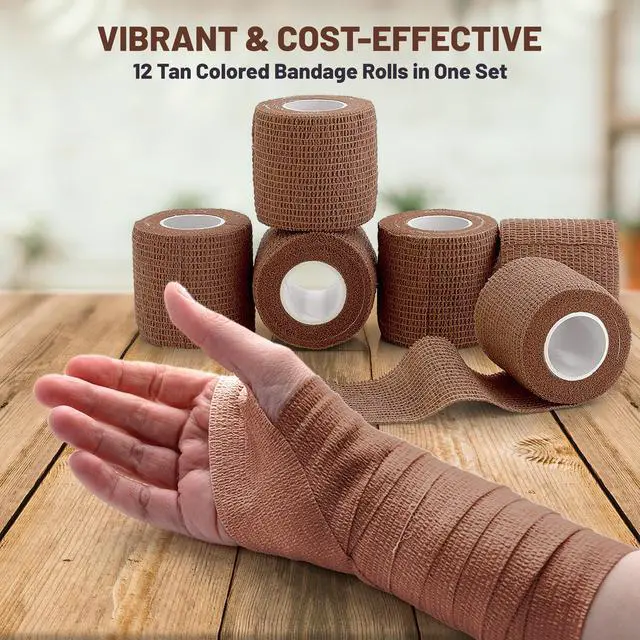 Alt view image 3 of 7 - Self Adherent Cohesive Tape - 2" x 5 Yards, 12 Pack (Medium Tan) Self Adhesive Bandage Rolls & Sports Athletic Wrap for Ankle, Wrist, Knee Sprains and Swelling