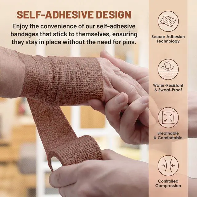 Alt view image 4 of 7 - Self Adherent Cohesive Tape - 2" x 5 Yards, 12 Pack (Medium Tan) Self Adhesive Bandage Rolls & Sports Athletic Wrap for Ankle, Wrist, Knee Sprains and Swelling
