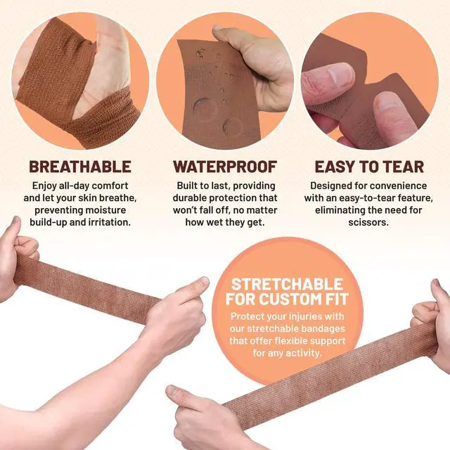 Alt view image 5 of 7 - Self Adherent Cohesive Tape - 2" x 5 Yards, 12 Pack (Medium Tan) Self Adhesive Bandage Rolls & Sports Athletic Wrap for Ankle, Wrist, Knee Sprains and Swelling
