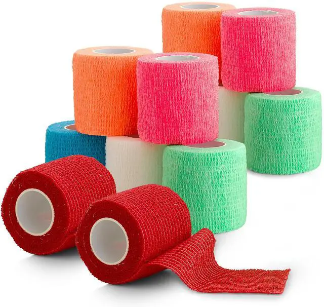 Main image of 12 Pack, Self Adherent Cohesive Tape - 2â x 5 Yards, Self Adhesive Bandage Rolls and Vet Wrap, Sports Athletic Wraps for Elbow Ankle, Wrist, Knee Sprains and Swelling (Assorted Neon Colors)