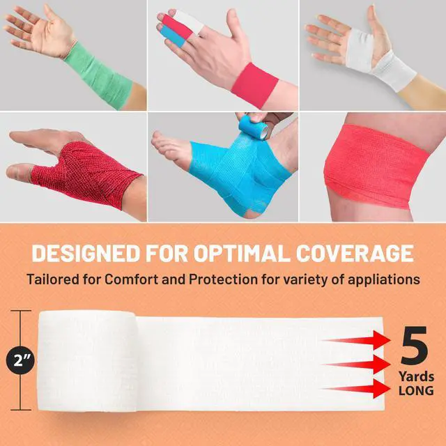 Alt view image 2 of 7 - 12 Pack, Self Adherent Cohesive Tape - 2â x 5 Yards, Self Adhesive Bandage Rolls and Vet Wrap, Sports Athletic Wraps for Elbow Ankle, Wrist, Knee Sprains and Swelling (Assorted Neon Colors)
