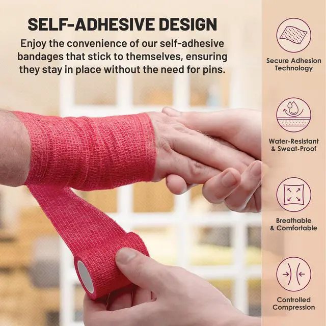 Alt view image 4 of 7 - 12 Pack, Self Adherent Cohesive Tape - 2â x 5 Yards, Self Adhesive Bandage Rolls and Vet Wrap, Sports Athletic Wraps for Elbow Ankle, Wrist, Knee Sprains and Swelling (Assorted Neon Colors)