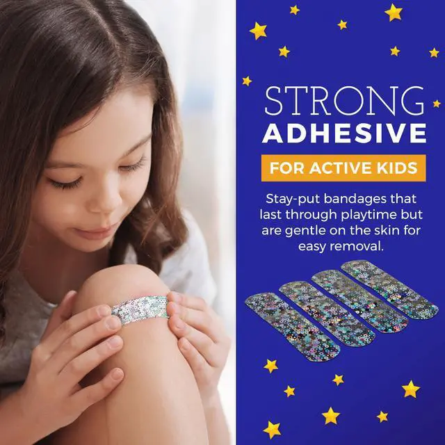 Alt view image 2 of 7 - Glitter Bandages for Kids -(100 Count Box) Adhesive Bandage Strips w/Colorful Glitter Design & Latex-Free Individually Wrapped Strips for First Aid, Wound Care, Minor Cuts, Scrapes