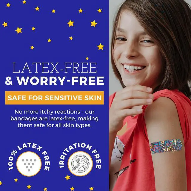 Alt view image 4 of 7 - Glitter Bandages for Kids -(100 Count Box) Adhesive Bandage Strips w/Colorful Glitter Design & Latex-Free Individually Wrapped Strips for First Aid, Wound Care, Minor Cuts, Scrapes