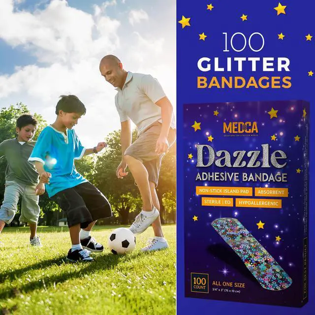 Alt view image 7 of 7 - Glitter Bandages for Kids -(100 Count Box) Adhesive Bandage Strips w/Colorful Glitter Design & Latex-Free Individually Wrapped Strips for First Aid, Wound Care, Minor Cuts, Scrapes