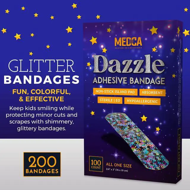 Alt view image 3 of 7 - Glitter Bandages for Kids -(200 Count Box) Adhesive Bandage Strips w/Colorful Glitter Design & Latex-Free Individually Wrapped Strips for First Aid, Wound Care, Minor Cuts, Scrapes