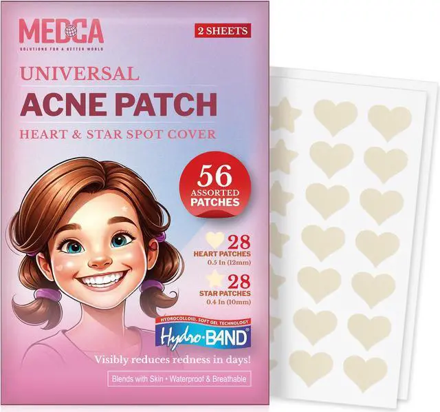 Main image of Acne Patch - (Pack of 56) Pimple Spot Treatment Hydrocolloid Bandages Absorbing Zit Cover Dots, Heart And Star Shapes by MEDca