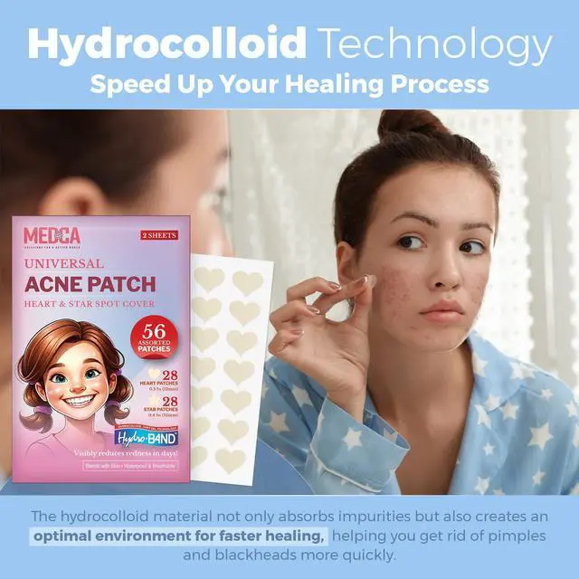 Alt view image 7 of 7 - Acne Patch - (Pack of 56) Pimple Spot Treatment Hydrocolloid Bandages Absorbing Zit Cover Dots, Heart And Star Shapes by MEDca