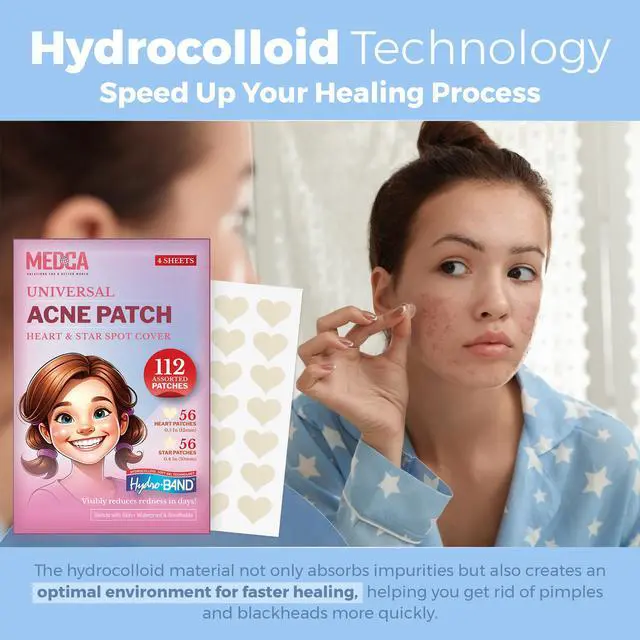 Alt view image 7 of 7 - Acne Patch - Pack of 112, Pimple Spot Treatment Hydrocolloid Bandages Absorbing Zit Cover Dots, Heart And Star Shapes by MEDca