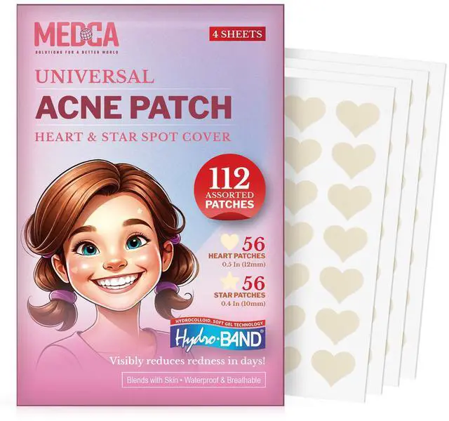 Main image of Acne Patch - Pack of 112, Pimple Spot Treatment Hydrocolloid Bandages Absorbing Zit Cover Dots, Heart And Star Shapes by MEDca