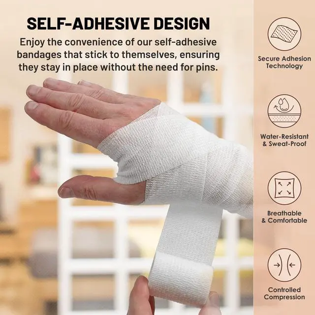 Alt view image 4 of 7 - Self Adherent Cohesive Tape - (Pack of 12) 2 x 5 Yards, Self Adhesive Bandage Rolls & Sports Athletic Wrap for Ankle, Wrist, Knee Sprains and Swelling, Vet Wraps in White Color