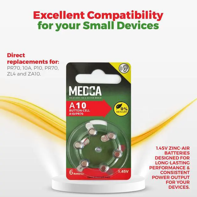 Alt view image 3 of 7 - MEDca A10 Batteries - 12 Count Pack - 1.45V Zinc Air Yellow Tab Battery Button Coin Cell Batteries for Hearing Aids and Hearing Amplifiers, 10, P10, PR70, or ZL4