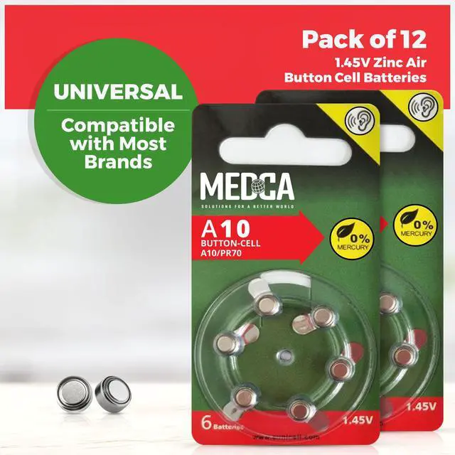 Alt view image 4 of 7 - MEDca A10 Batteries - 12 Count Pack - 1.45V Zinc Air Yellow Tab Battery Button Coin Cell Batteries for Hearing Aids and Hearing Amplifiers, 10, P10, PR70, or ZL4