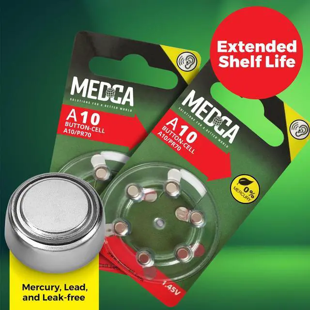 Alt view image 5 of 7 - MEDca A10 Batteries - 12 Count Pack - 1.45V Zinc Air Yellow Tab Battery Button Coin Cell Batteries for Hearing Aids and Hearing Amplifiers, 10, P10, PR70, or ZL4