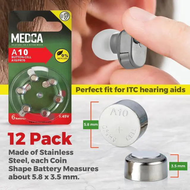 Alt view image 6 of 7 - MEDca A10 Batteries - 12 Count Pack - 1.45V Zinc Air Yellow Tab Battery Button Coin Cell Batteries for Hearing Aids and Hearing Amplifiers, 10, P10, PR70, or ZL4
