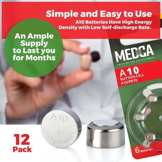 Alt view image 7 of 7 - MEDca A10 Batteries - 12 Count Pack - 1.45V Zinc Air Yellow Tab Battery Button Coin Cell Batteries for Hearing Aids and Hearing Amplifiers, 10, P10, PR70, or ZL4