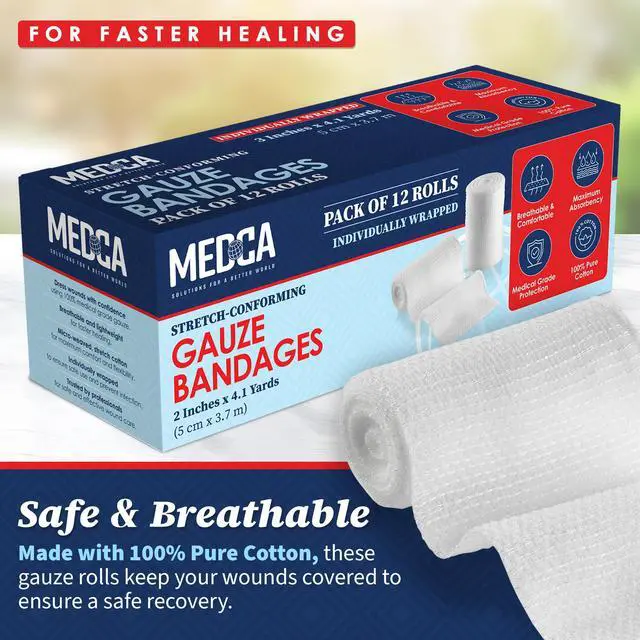 Alt view image 2 of 7 - Gauze Bandage Rolls - Pack of 12, 2 x 4.1 Yards Per Roll of Medical Grade Gauze Bandage and Stretch Bandage Wrapping for Dressing All Types of Wounds and First Aid Kit by MEDca