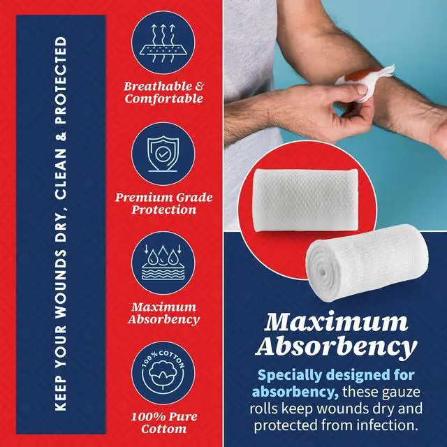 Alt view image 7 of 7 - Gauze Bandage Rolls - Pack of 12, 2 x 4.1 Yards Per Roll of Medical Grade Gauze Bandage and Stretch Bandage Wrapping for Dressing All Types of Wounds and First Aid Kit by MEDca