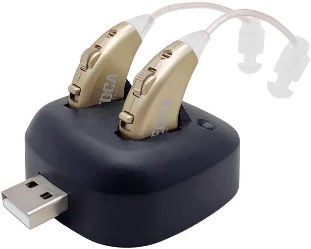 Main image of Digital Hearing Amplifiers - Rechargeable BTE Personal Sound Amplifier Pair with USB Dock - Premium Gold Behind the Ear Sound Amplification - By NewEar
