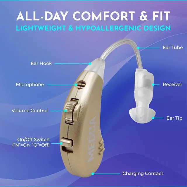 Alt view image 3 of 7 - Digital Hearing Amplifiers - Rechargeable BTE Personal Sound Amplifier Pair with USB Dock - Premium Gold Behind the Ear Sound Amplification - By NewEar
