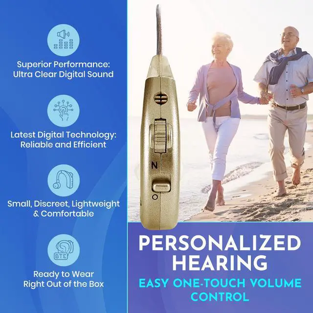 Alt view image 4 of 7 - Digital Hearing Amplifiers - Rechargeable BTE Personal Sound Amplifier Pair with USB Dock - Premium Gold Behind the Ear Sound Amplification - By NewEar