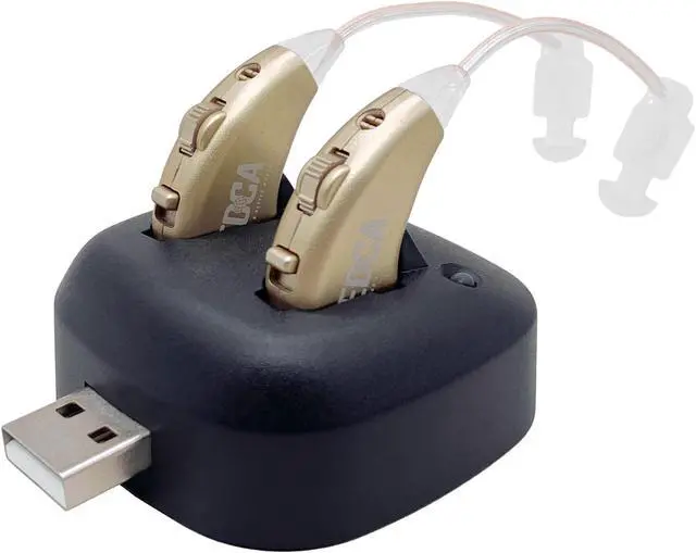 Main image of Digital Hearing Amplifiers - Rechargeable BTE Personal Sound Amplifier Pair with USB Dock - Premium Gold Behind the Ear Sound Amplification - By NewEar