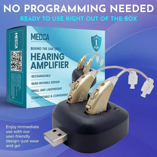 Alt view image 6 of 7 - Digital Hearing Amplifiers - Rechargeable BTE Personal Sound Amplifier Pair with USB Dock - Premium Gold Behind the Ear Sound Amplification - By NewEar