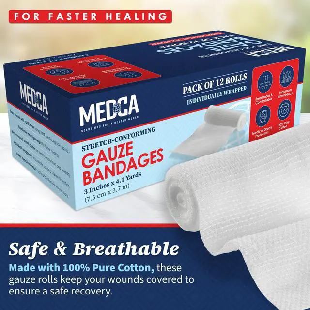 Alt view image 2 of 7 - Gauze Bandage Rolls - Pack or 12, 3" x 4.1 Yards Per Roll of Medical Grade Gauze Bandage and Stretch Bandage Wrapping for Dressing All Types of Wounds and First Aid Kit by MEDca