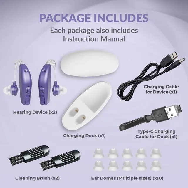 Alt view image 4 of 7 - Digital Hearing Aid Amplifier Set - High Quality Rechargeable Behind The Ear Personal Sound Amplification Device - for Adults and Seniors with All-Day Battery Life, (Pair, Purple)