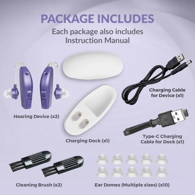 Alt view image 4 of 7 - Digital Hearing Aid Amplifier Set - High Quality Rechargeable Behind The Ear Personal Sound Amplification Device - for Adults and Seniors with All-Day Battery Life, (Pair, Purple)