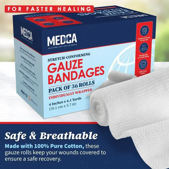 Alt view image 2 of 7 - Gauze Bandage Rolls - Pack of 36, 4" x 4.1 Yards Per Roll of Medical Grade Gauze Bandage and Stretch Bandage Wrapping for Dressing All Types of Wounds and First Aid Kit by MEDca