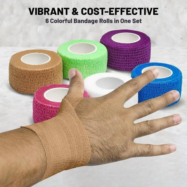 Alt view image 3 of 7 - Self Adherent Cohesive Wrap Bandages - (Pack of 6 Rolls) 1 Inch X 5 Yards with Strong Elastic and Colorful First Aid Tape for Sprain Swelling and Soreness on Wrist and Ankle (Rainbow Color)