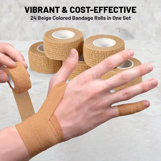 Alt view image 3 of 7 - MEDca Self Adherent Cohesive Wrap Bandages 1 Inch X 5 Yards 24 Count with Strong Elastic First Aid Tape for Sprain Swelling and Soreness on Wrist and Ankle (Skin Color)