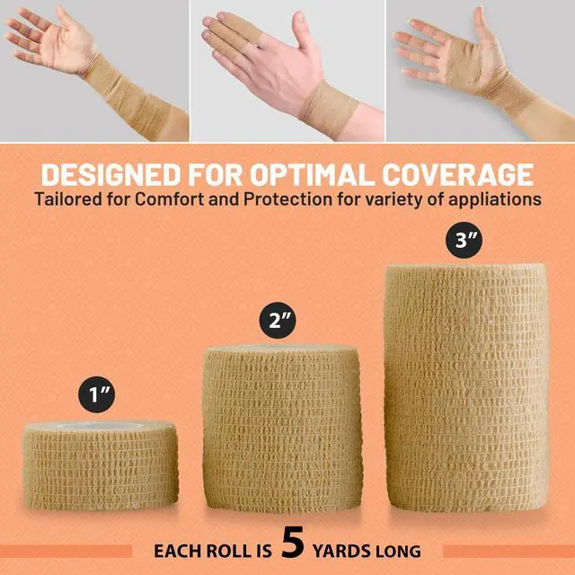 Alt view image 2 of 7 - Self Adherent Cohesive Tape - (Pack of 12)1â 2" 3" x 5 Yards, (Light Tan) Self Adhesive Bandage Rolls & Sports Athletic Wrap for Ankle, Wrist, Sprains