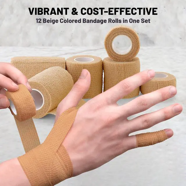 Alt view image 3 of 7 - Self Adherent Cohesive Tape - (Pack of 12)1â 2" 3" x 5 Yards, (Light Tan) Self Adhesive Bandage Rolls & Sports Athletic Wrap for Ankle, Wrist, Sprains