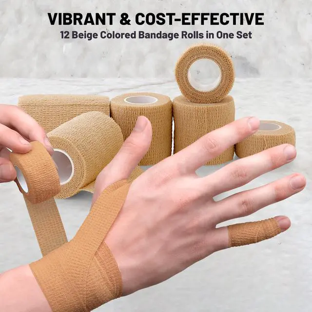 Alt view image 3 of 7 - Self Adherent Cohesive Tape - (Pack of 12)1â 2" 3" x 5 Yards, (Light Tan) Self Adhesive Bandage Rolls & Sports Athletic Wrap for Ankle, Wrist, Sprains