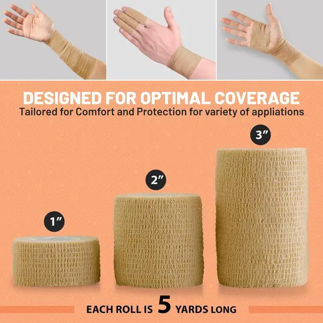Alt view image 2 of 7 - 6 Pack, Self Adherent Cohesive Tape - 1" 2" 3" x 5 Yards Combo Pack, (Light Tan Shade) Self Adhesive Bandage Rolls & Sports Athletic Wrap for Ankle, Wrist, Sprains