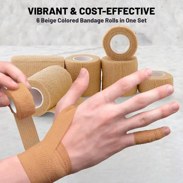 Alt view image 3 of 7 - 6 Pack, Self Adherent Cohesive Tape - 1" 2" 3" x 5 Yards Combo Pack, (Light Tan Shade) Self Adhesive Bandage Rolls & Sports Athletic Wrap for Ankle, Wrist, Sprains