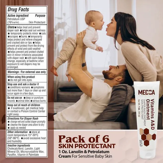 Alt view image 5 of 7 - MEDca Vitamin A & D Diaper Rash Ointment for Sensitive Baby Skin, Lanolin & Petrolatum Formula, Soothes Dry Skin, 1oz Tube, 6-Pack, Baby Skin Care