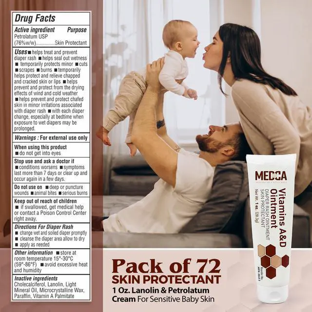 Alt view image 5 of 7 - MEDca Vitamin A & D Diaper Rash Ointment- Protectant Cream For Sensitive Baby Skin - Lanolin & Petrolatum Formula, Dry-Cracked Hands/Feet/Face Skin, 1oz Tube, Bulk Case of 72