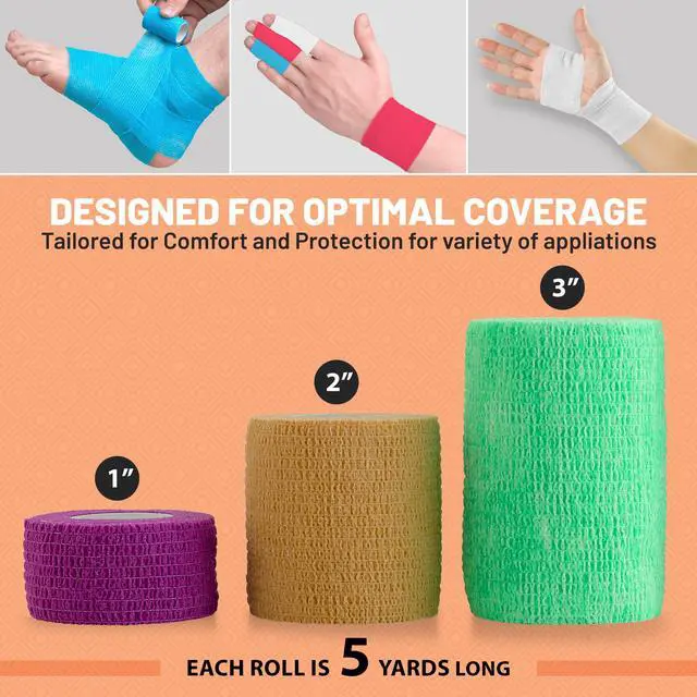 Alt view image 2 of 7 - Self Adherent Cohesive Tape Rolls - Pack of 12-1" 2" 3"x5 Yards Combo Pack, Self Adhesive Bandage Rolls & Sports Athletic Wrap for Ankle, Wrist, Sprains and Swelling, Vet Wraps (Bright Neon Colors)
