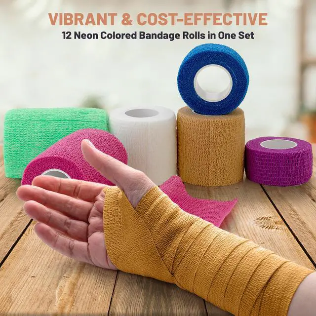 Alt view image 3 of 7 - Self Adherent Cohesive Tape Rolls - Pack of 12-1" 2" 3"x5 Yards Combo Pack, Self Adhesive Bandage Rolls & Sports Athletic Wrap for Ankle, Wrist, Sprains and Swelling, Vet Wraps (Bright Neon Colors)